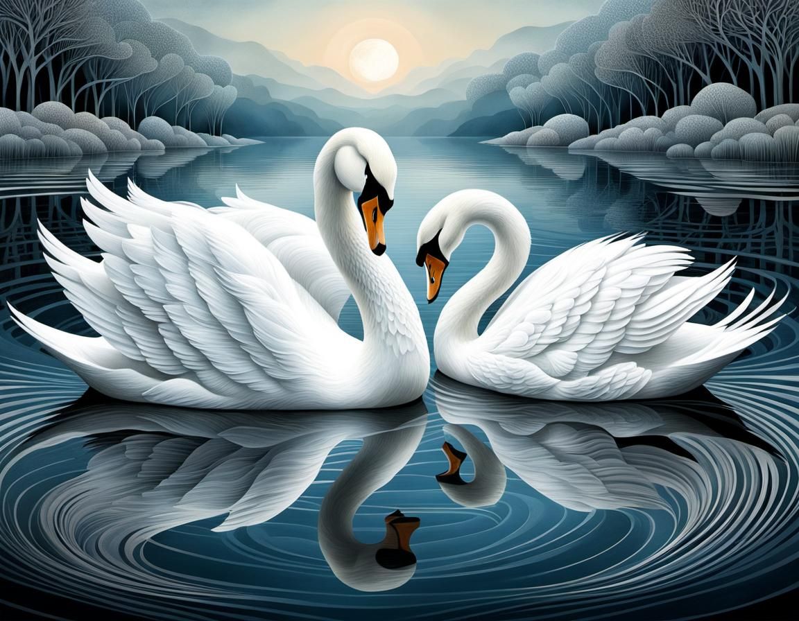 Swans on Lake at Dawn: Whimsical and Fantastical