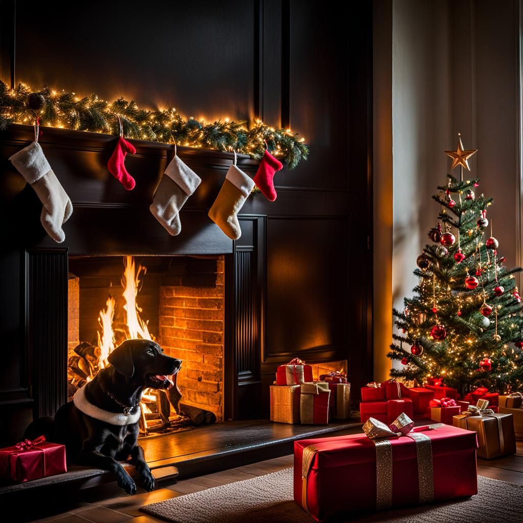 Festive Labrador by Fireplace on Christmas Eve