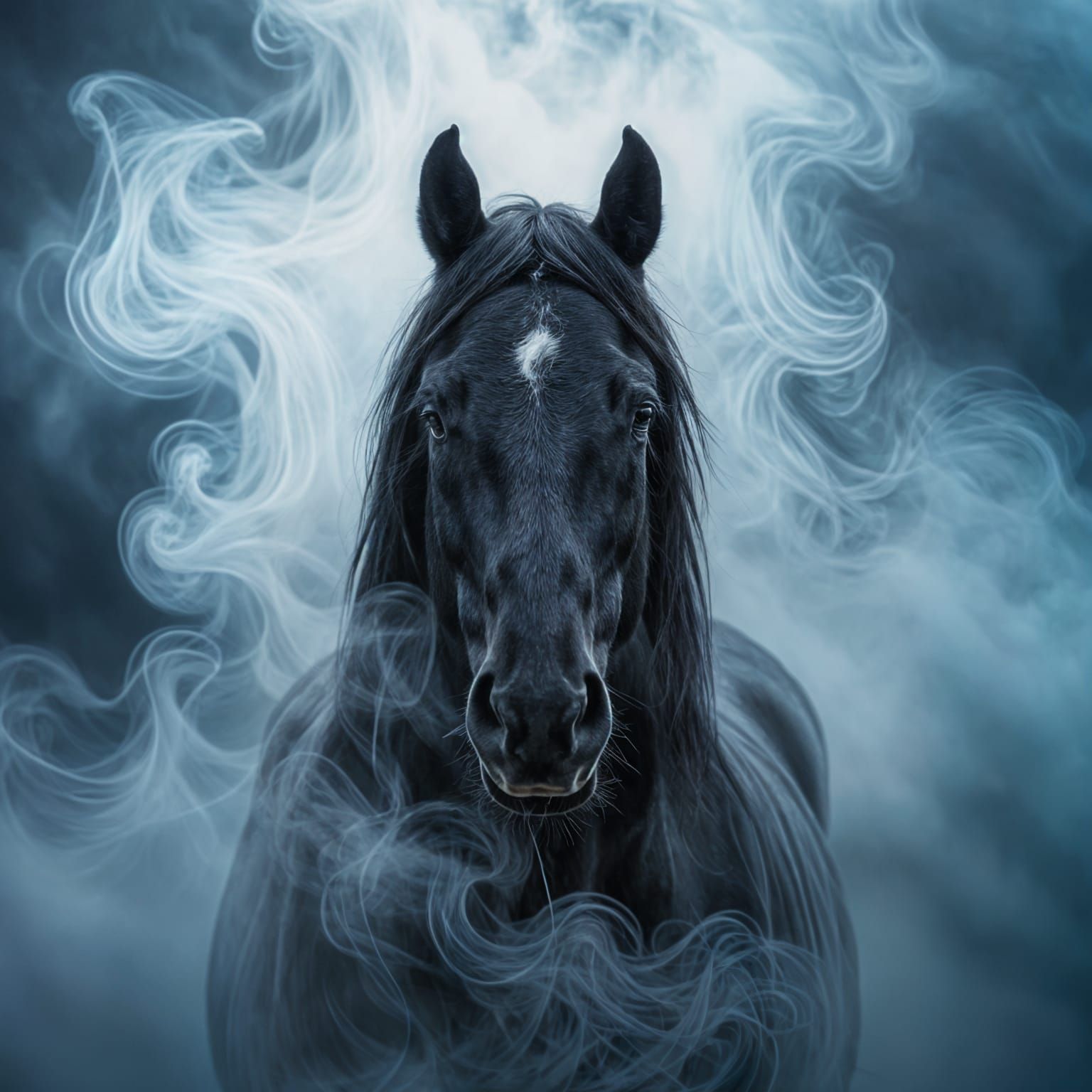 Majestic Black Horse in Ethereal Smoke