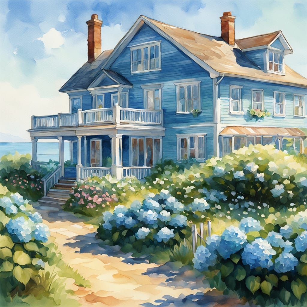 Idyllic Coastal Home in Watercolor Style