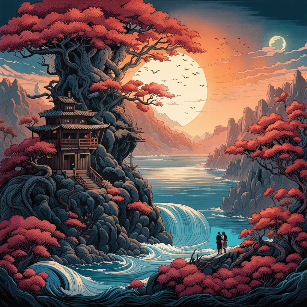 Magic Cherry Blossom Trees in Fantasy Cartoon Art