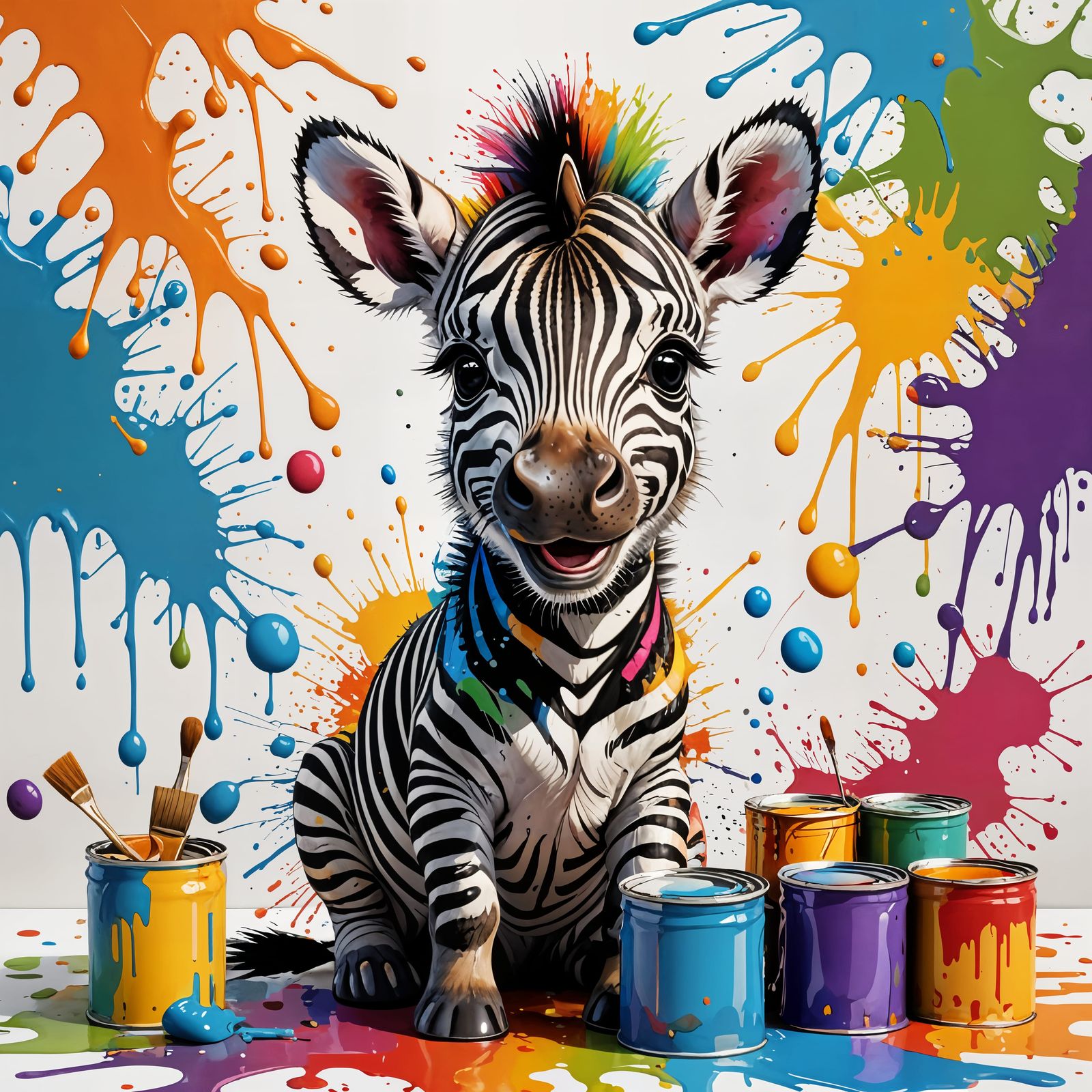 Joyful Zebra Cub Creates Vibrant Art in Whimsical Studio