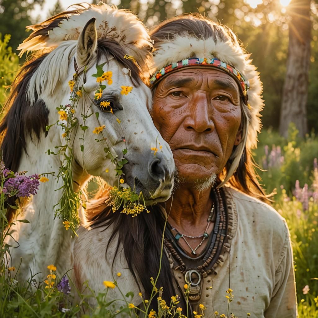 Divine Indian Chief in Lush Meadow, Soft Focus