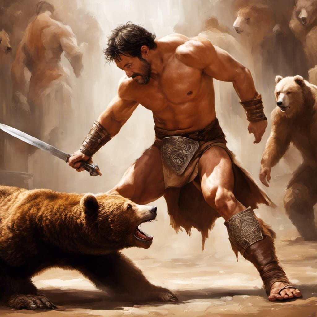 Gladiator in Action Fighting a Bear