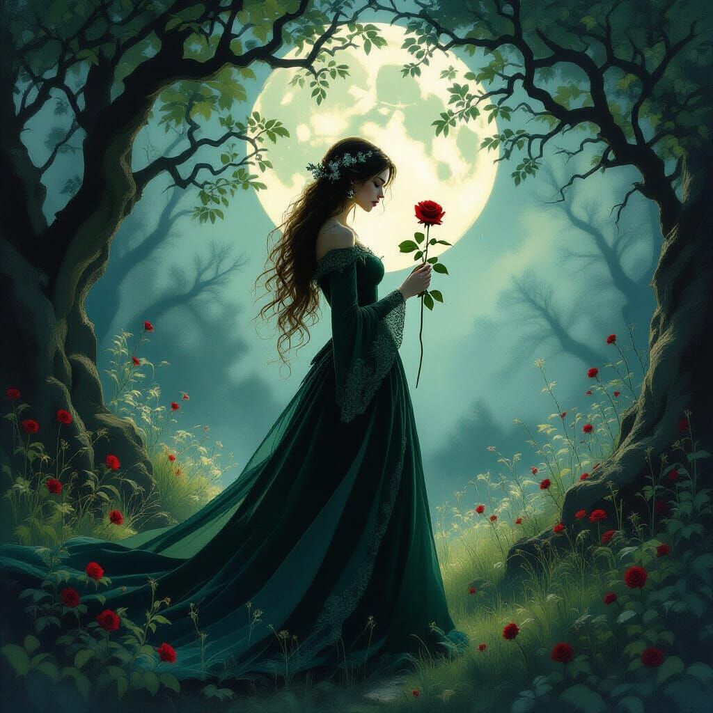 Witch in Moonlit Glade Holding Crimson Rose