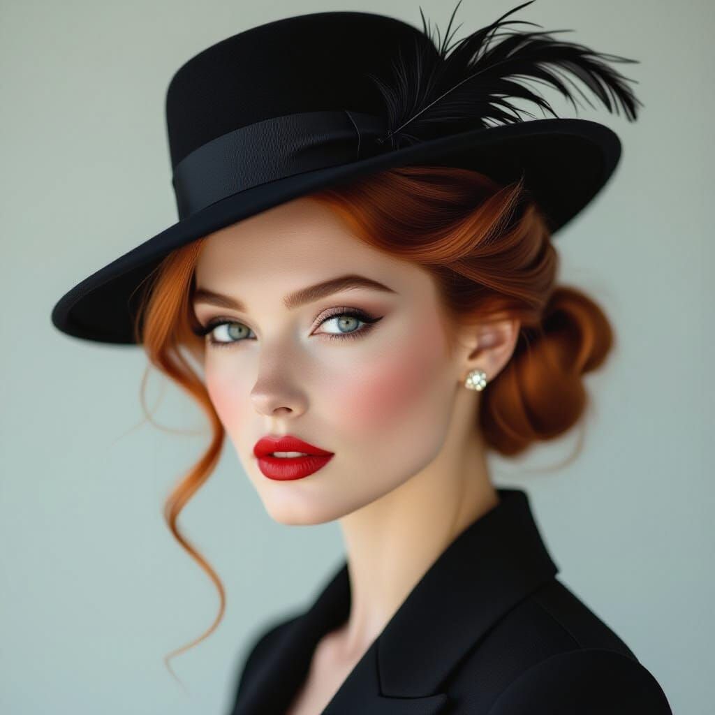A captivating portrait of a beautiful red-haired woman with an elegant and sophisticated aesthetic. She is dressed in a ...