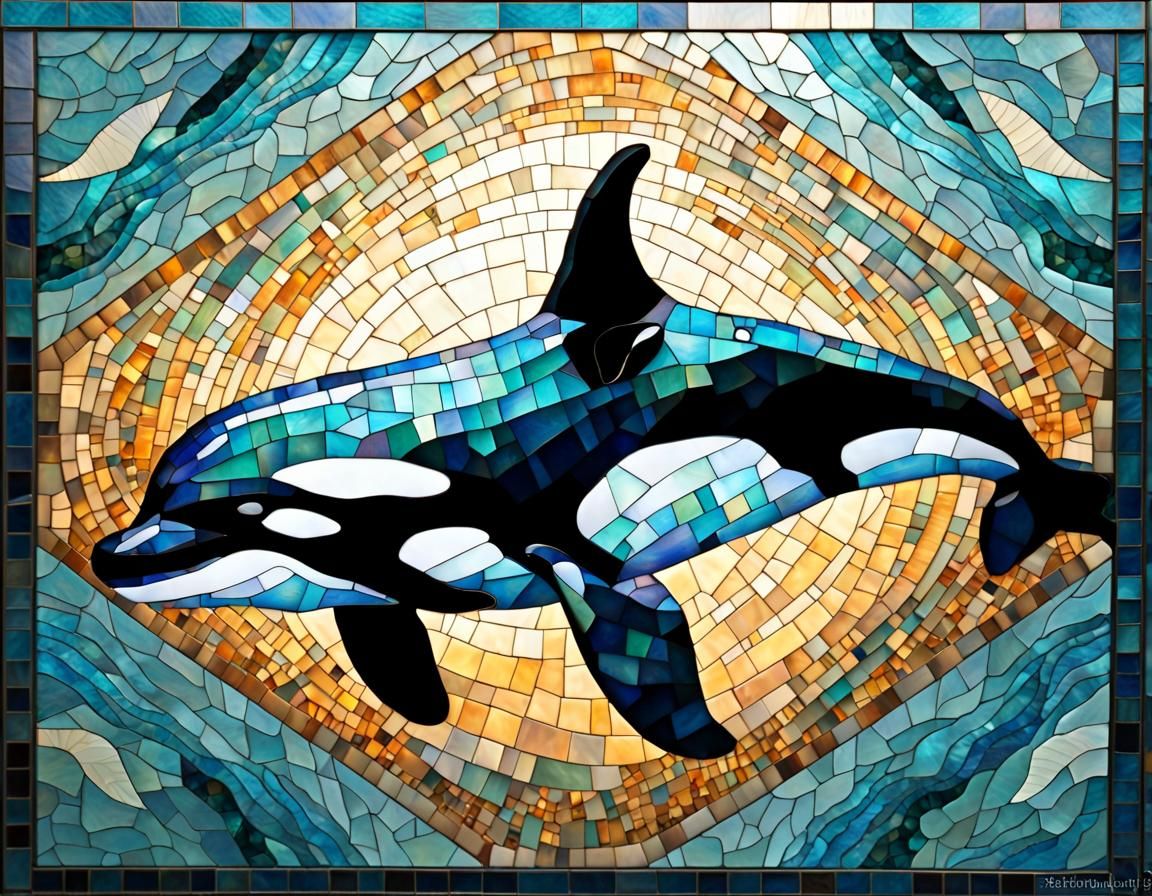 Geometric Mosaic Orca Underwater with Sunrays