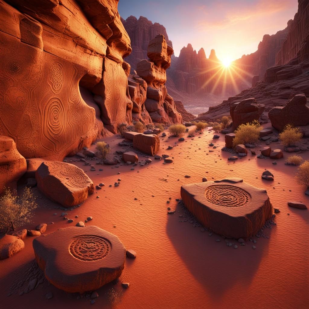 Desert Canyon Sunrise with Ancient Petroglyphs