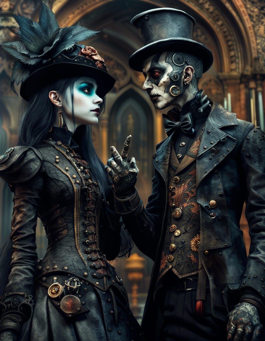 Steampunk Goth Teens at Funeral, Detailed Digital Art