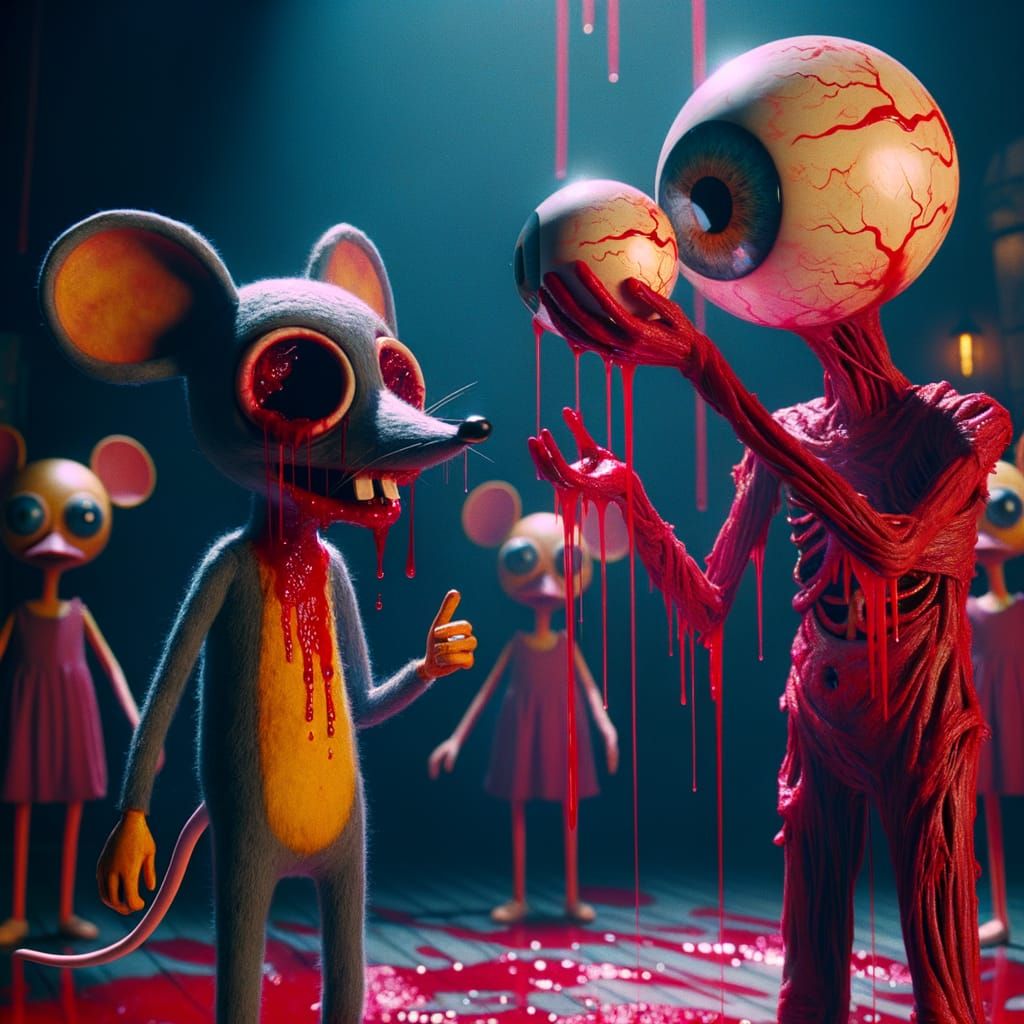 Eerie Humanoid Mouse and Duck in Grotesque TV Show