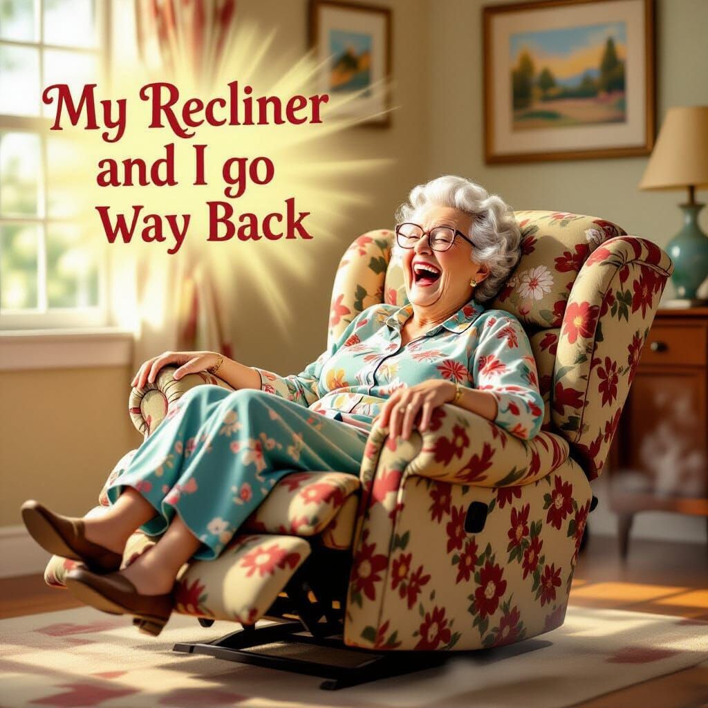 Create a funny image Showing a grandmother leaning her recli...