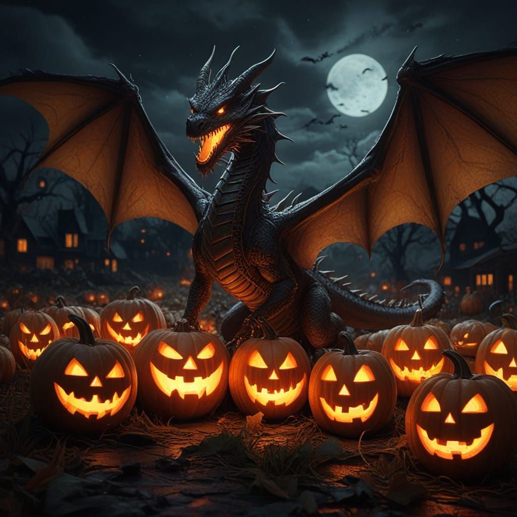 Dragon Emerges From Halloween Pumpkin Patch in Chiaroscuro