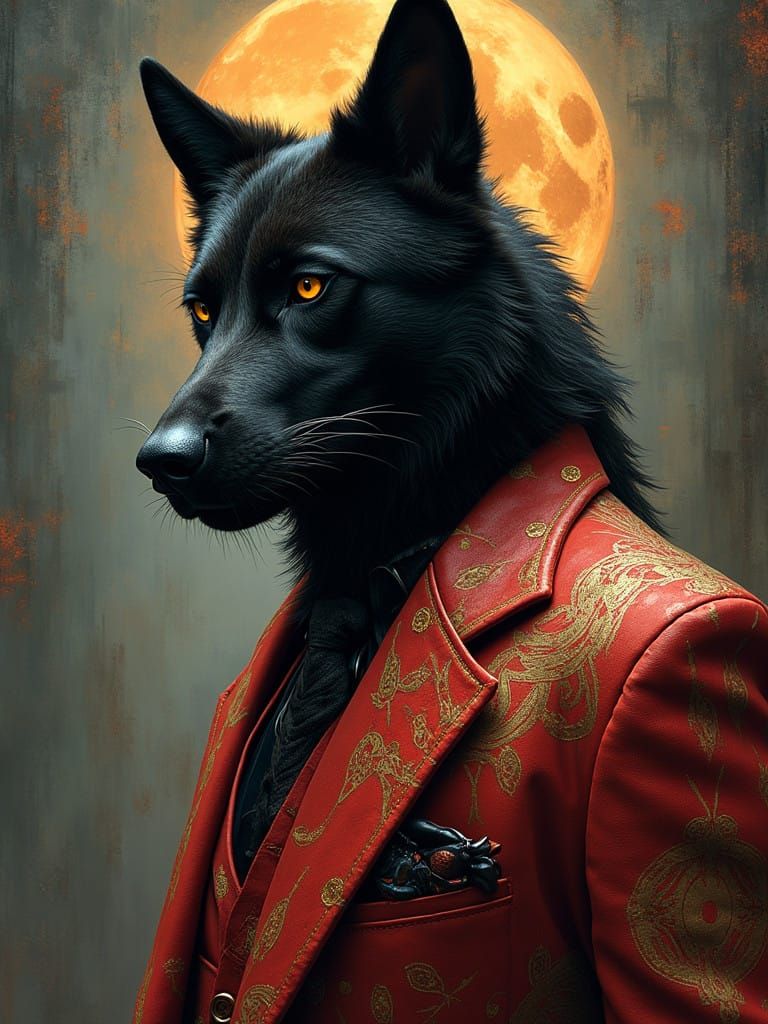 Cyberpunk Wolf in Crimson and Aztec Patterns, Gouache and Si...