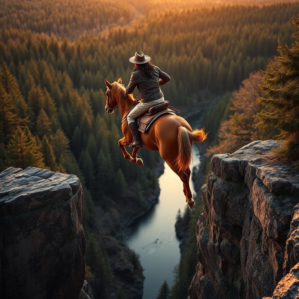 Dramatic Sunset Cliff Rider in Majestic Forest