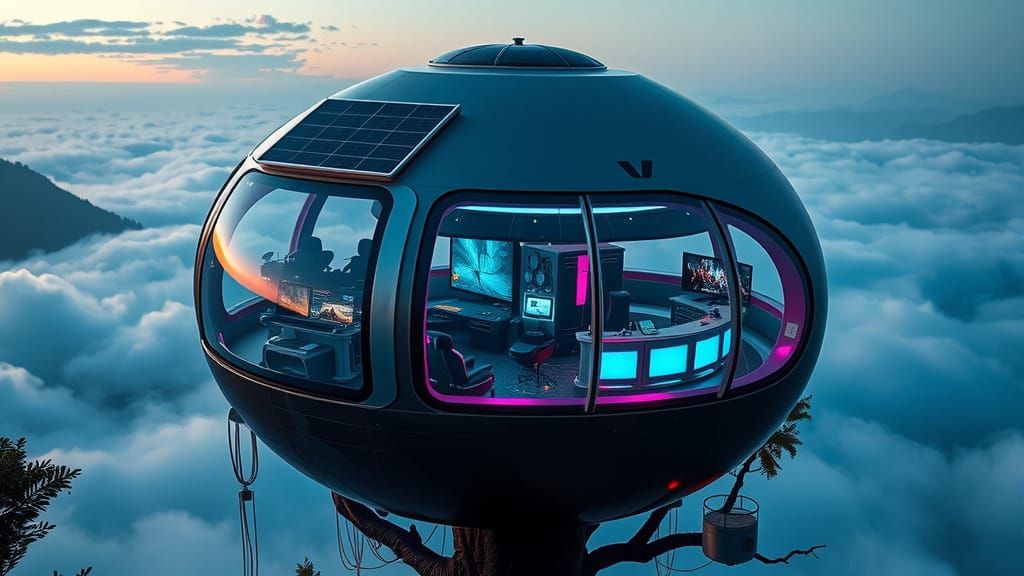 Surreal Futuristic Treehouse Pod Suspended High Above the Cl...