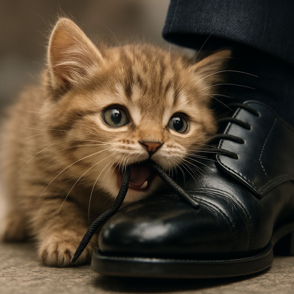 Adorable Kitten Bites Shoelaces of Businessman's Shoe