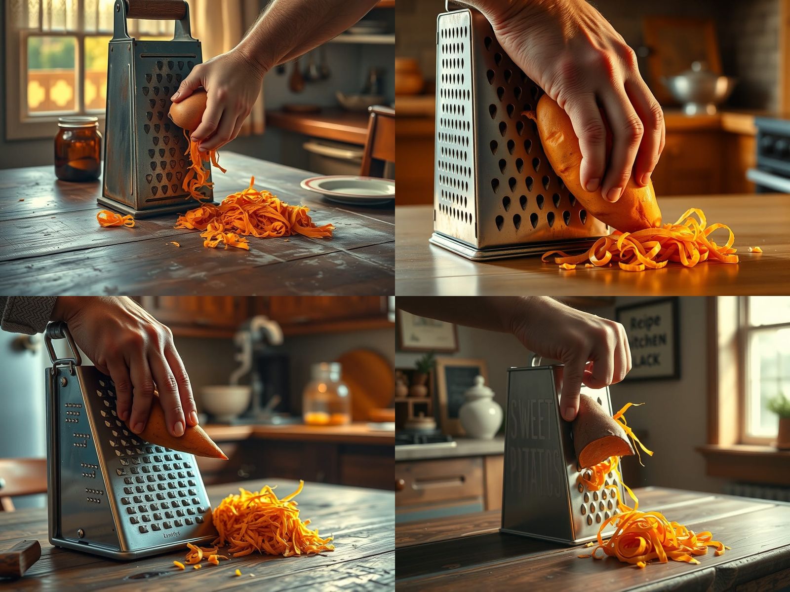 Grating Sweet Potato: Detailed Kitchen Scene