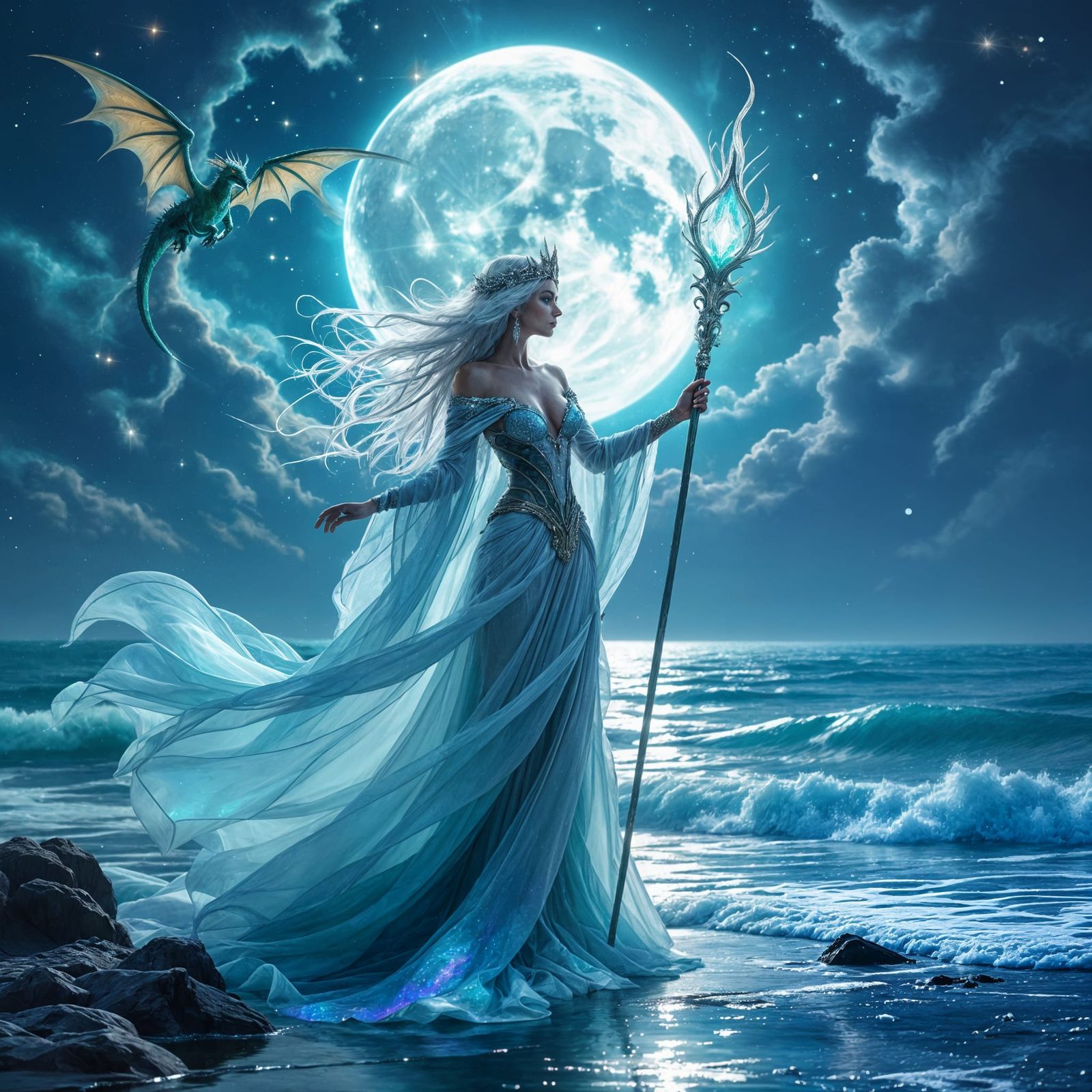 Elven Queen Commands Celestial Dragons in Surreal Fantasy