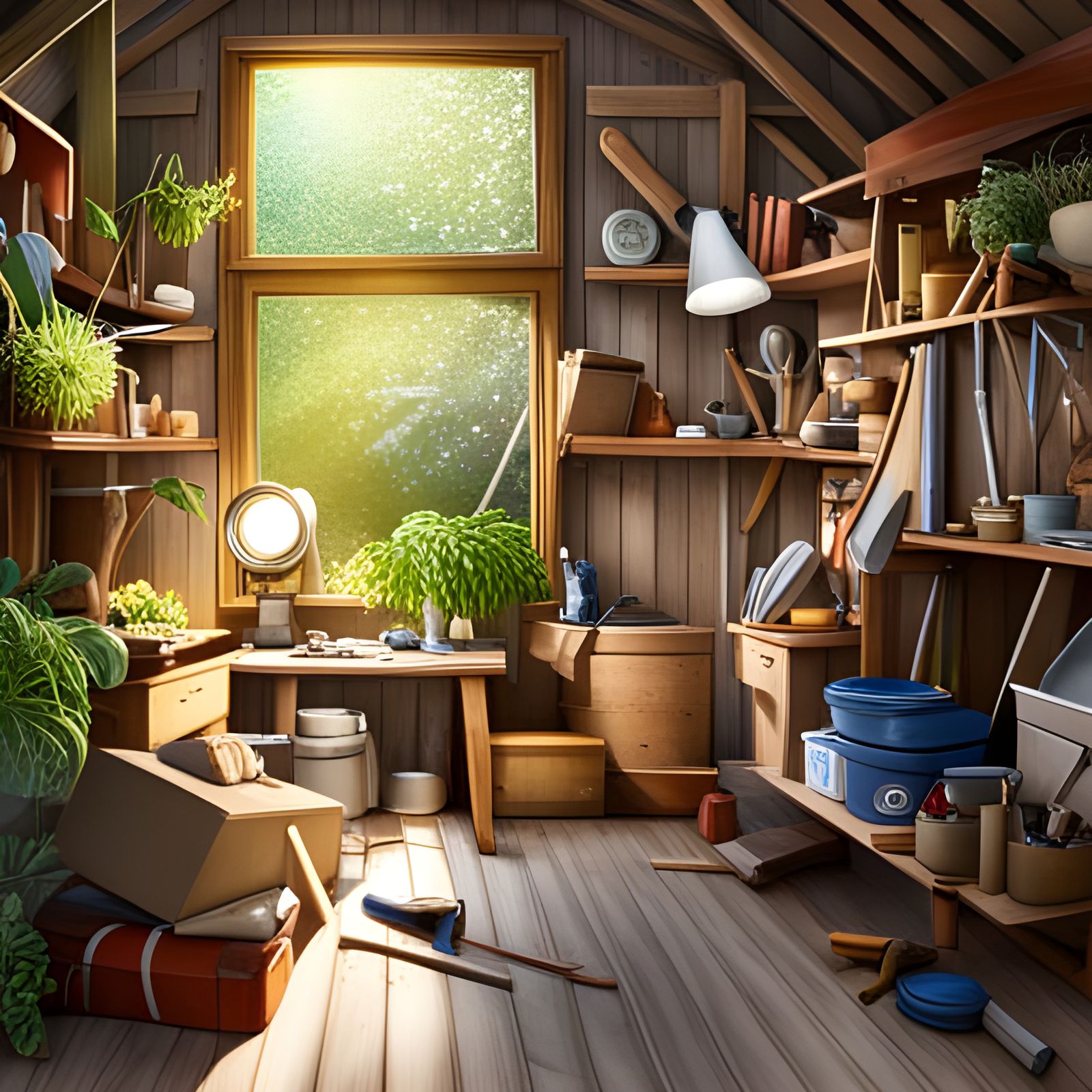 Whimsical Toolshed Scene in Magical Sunlight