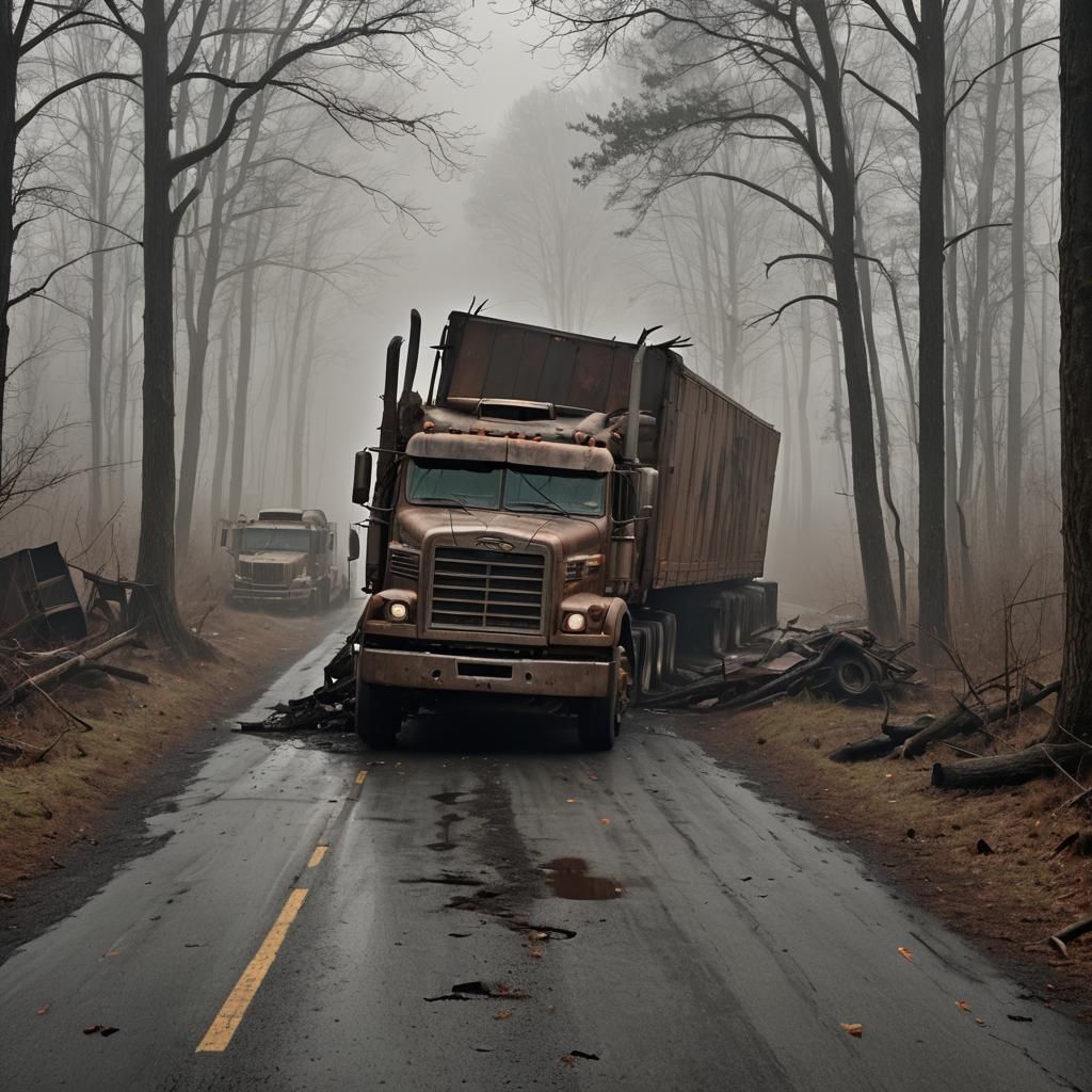 Silent Hill Horror: Overturned Truck in Dystopian Forest