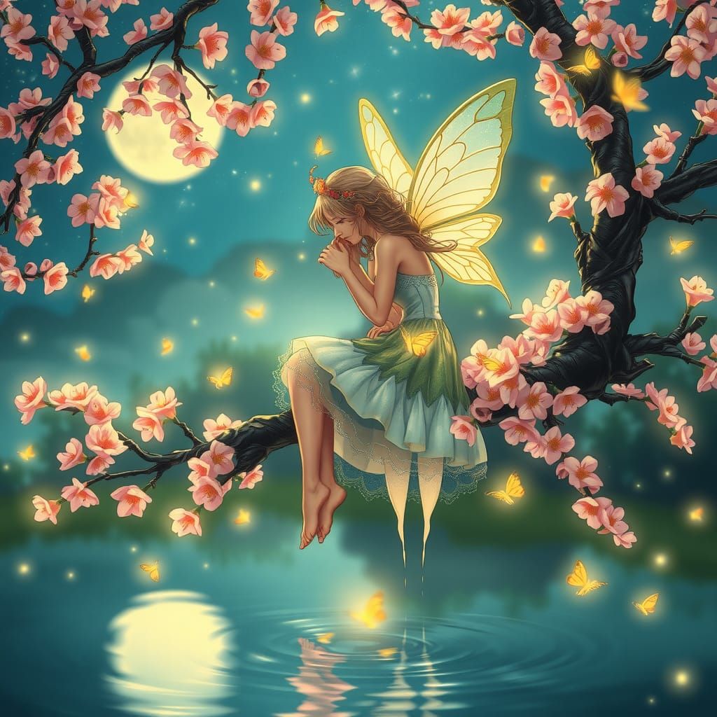 Spring Firefly Fairy on Cherry Blossom Branch