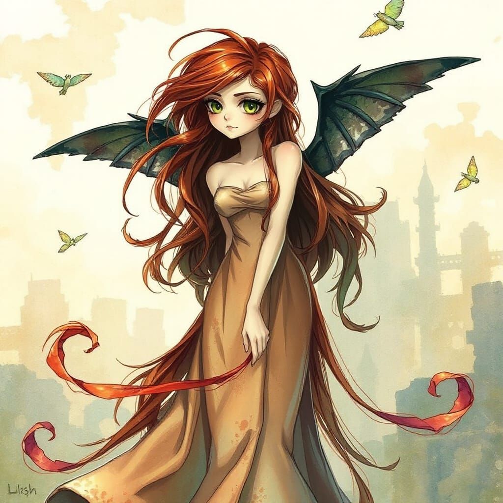 Enchantress in Fire Dress: Watercolor and Ink Digital Art