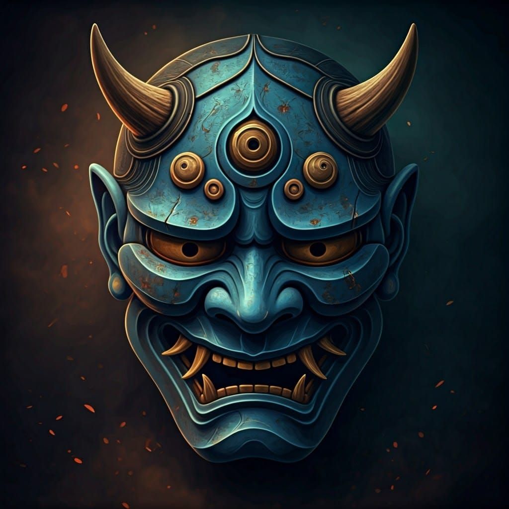 Ancient Blue Oni Mask in Chiaroscuro