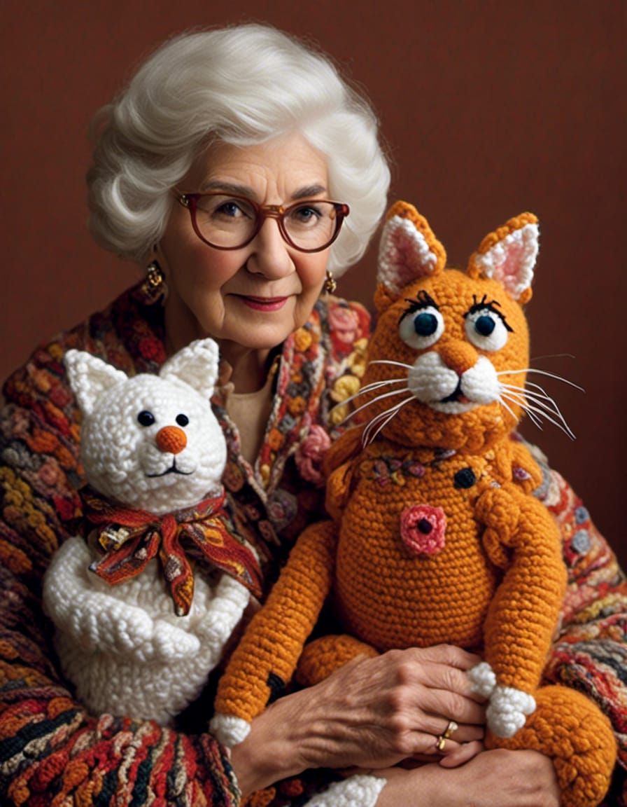 Old woman with giant crocheted cat, <lora:ToyLand TazzleDazzle:1.0> , <lora:PetFriendly:1.0>