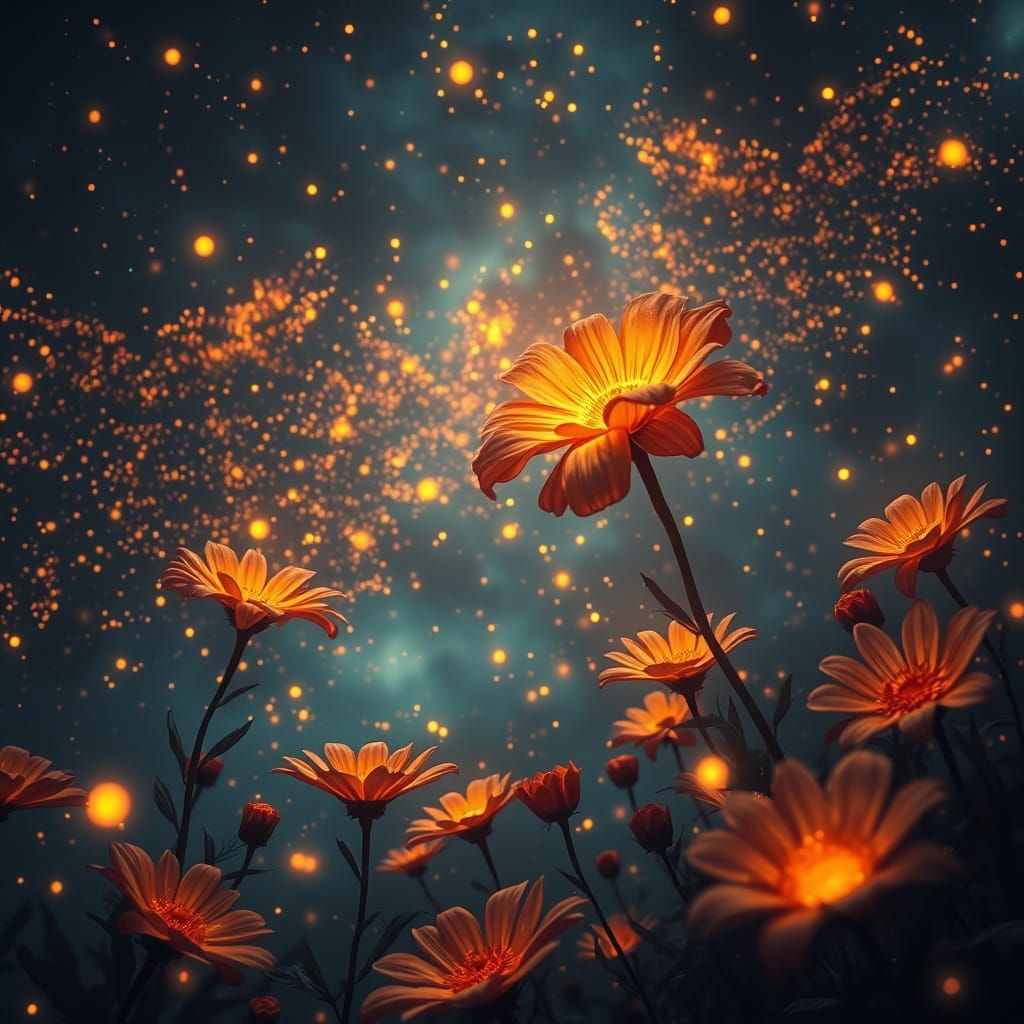 Epic Digital Flower Blooms in Nighttime Celestial Swirl