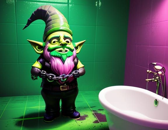 Grotesque Gnome Flossing Teeth with Rusty Chain in Surreal B...