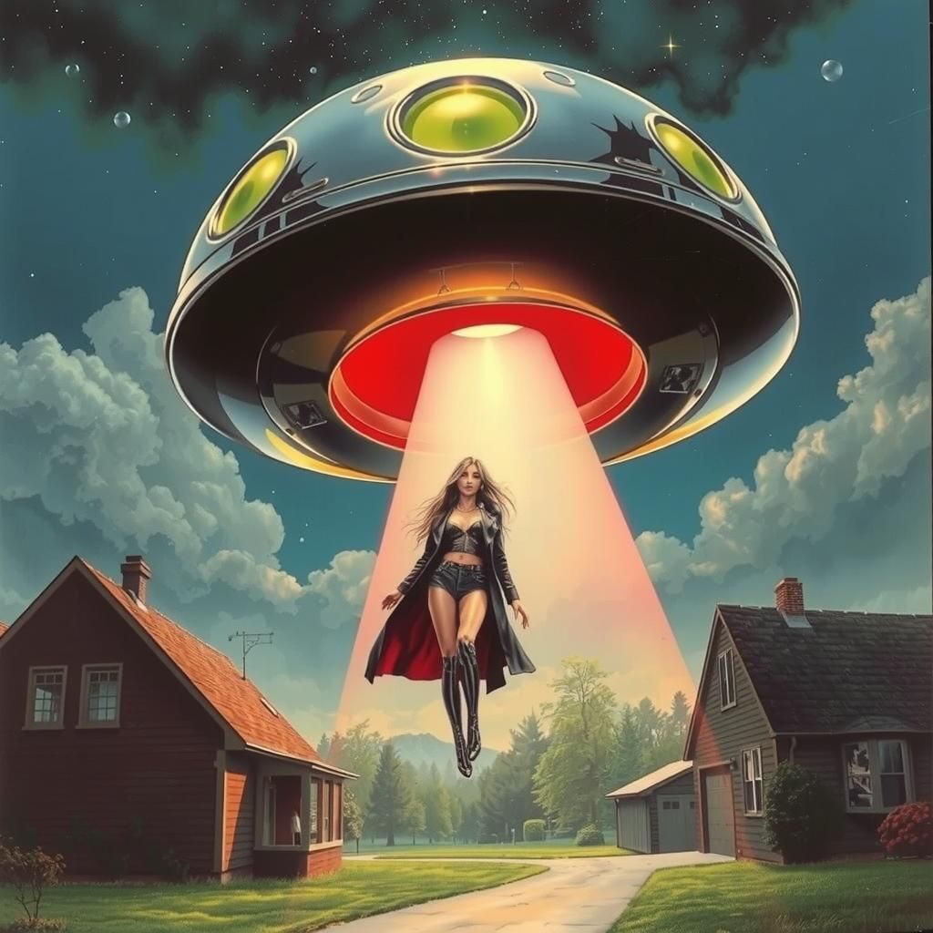 Chrome Smiley Face UFO Abduction in Cyberpunk Style