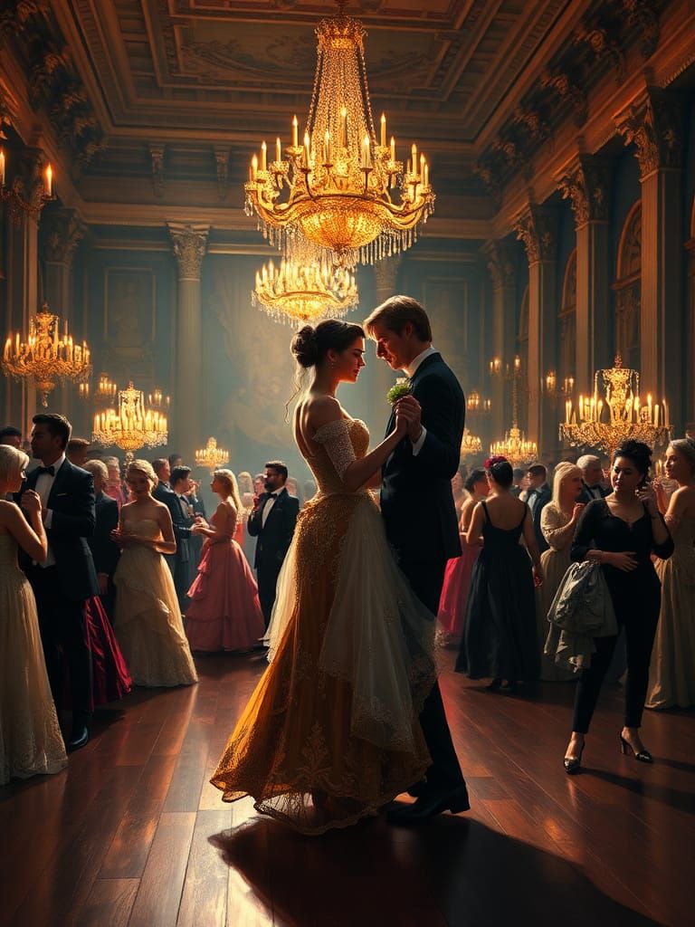 Opulent Costume Ball in Baroque Ballroom as Oil Painting