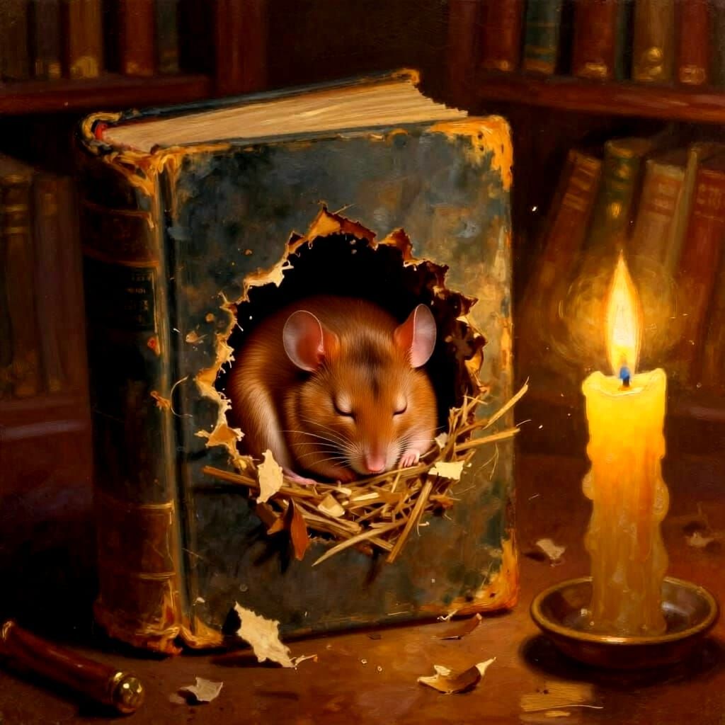 Cute Mouse Sleeps in Old Book Nest