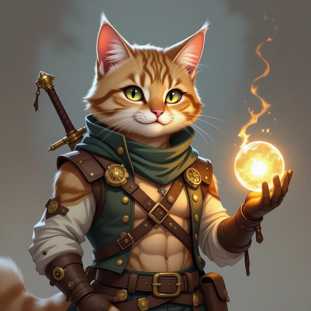 Steampunk Cat-Human Hybrid with Dagger and Orb
