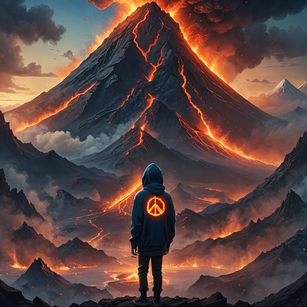 Volcano Peace Sign Eruption in Matte Painting Style