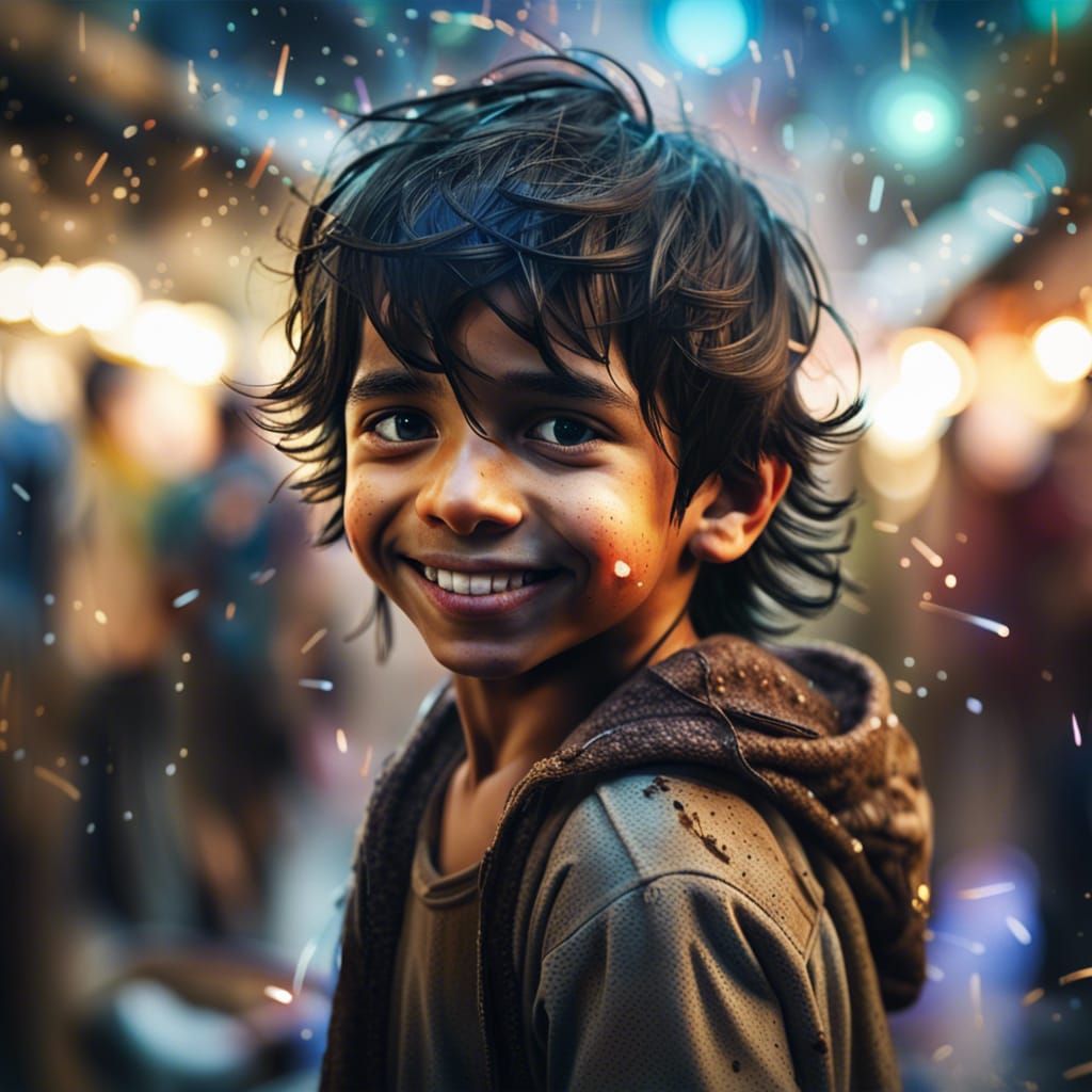 Smiling Indian Boy in Bustling Market, Watercolor Style