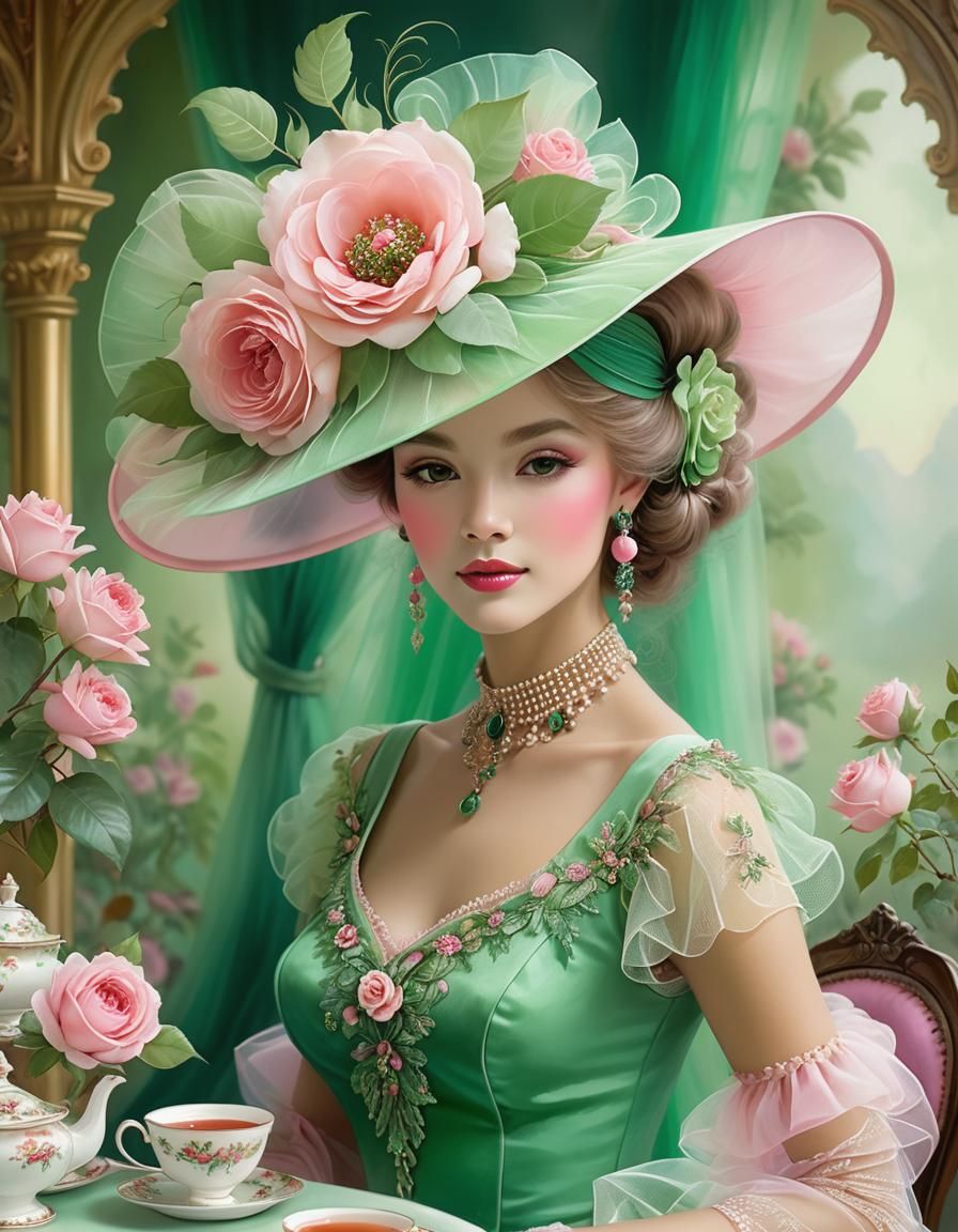 Elegant Woman with Rose Hair in Tea Room