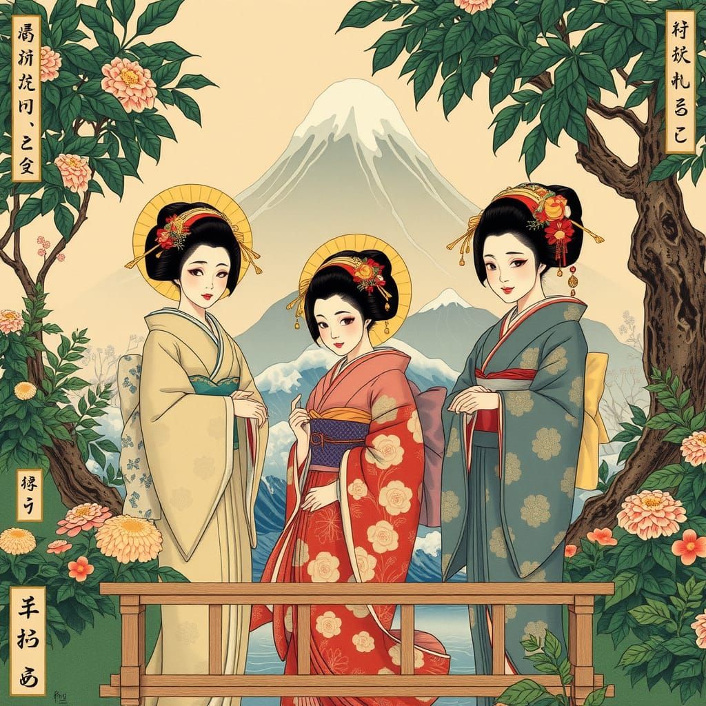 Geishas in Ukiyo-e Garden with Muted Colors