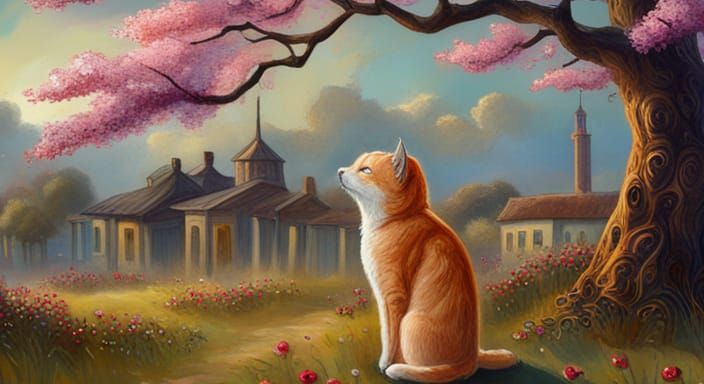 Cat Sniffs Cherry Blossom Tree in Dreamy Style