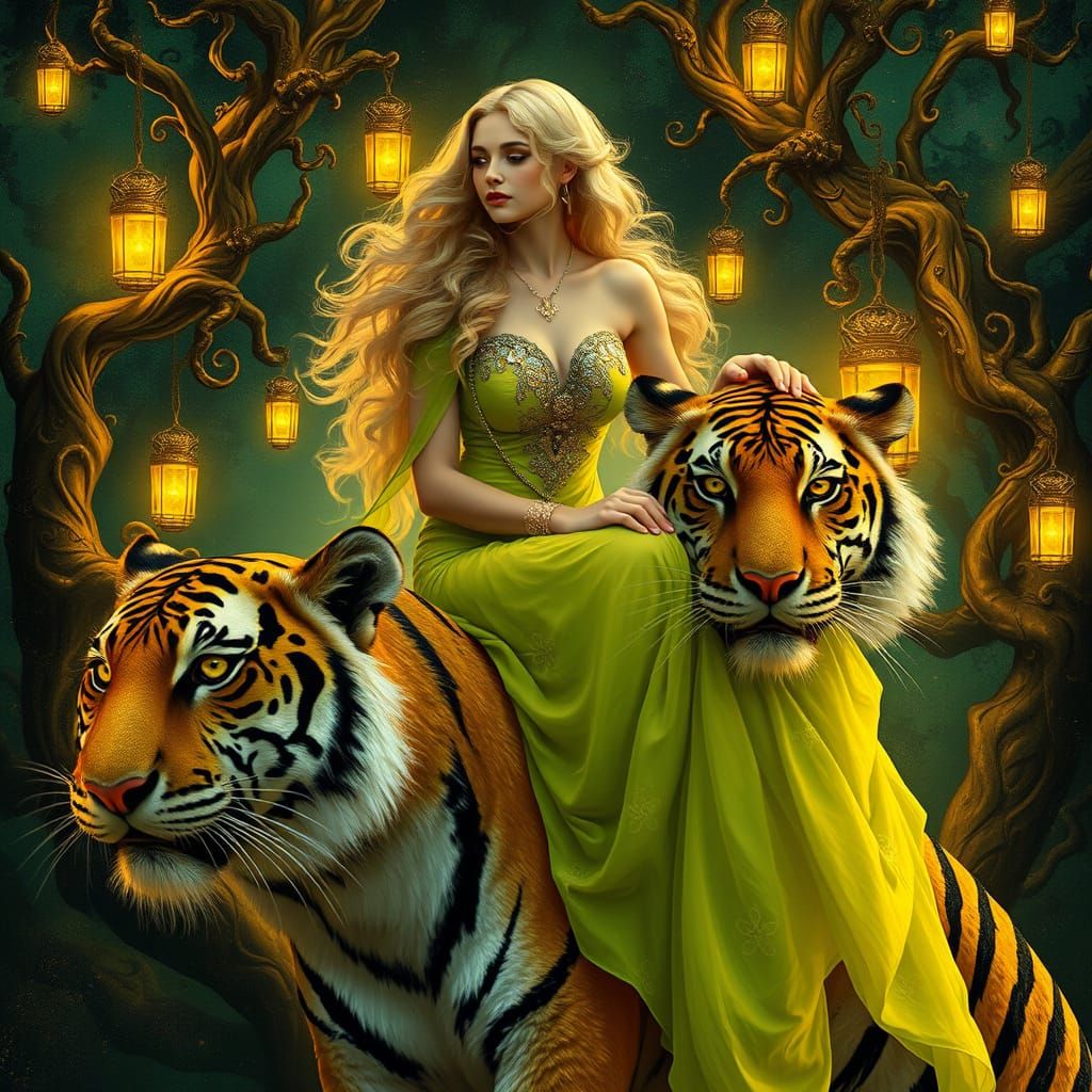 Surrealist Goddess in Lime-Green Gown with Majestic Tigers