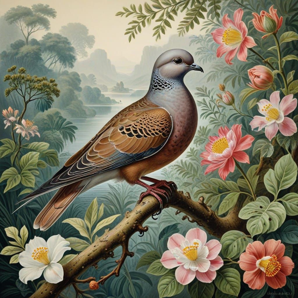 A Serene Barbary Dove in 19th-Century Naturalist Style