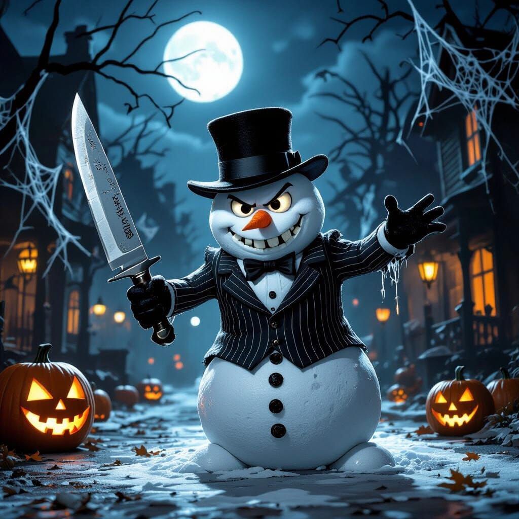 Gangster Snowman Frostie Brandishes Knife on Halloween Night