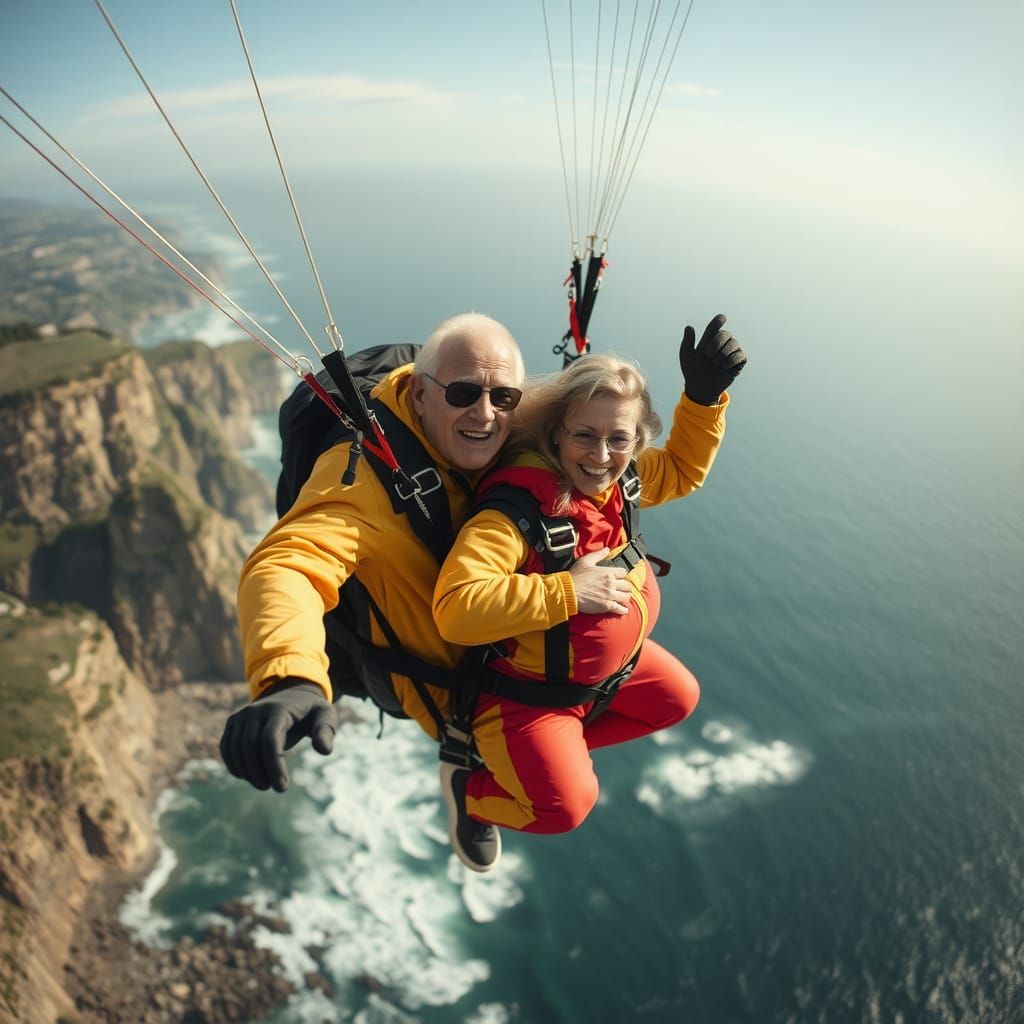 Elderly Couple Paragliding Over Rocky Coastline