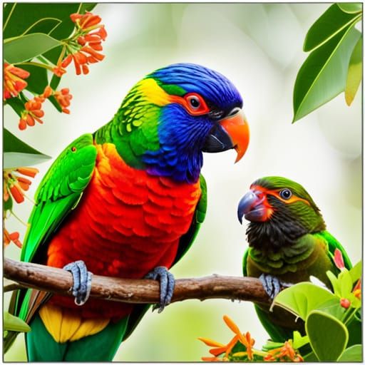 Rainbow Lorikeet Feeding Baby in Nest, Detailed Photo