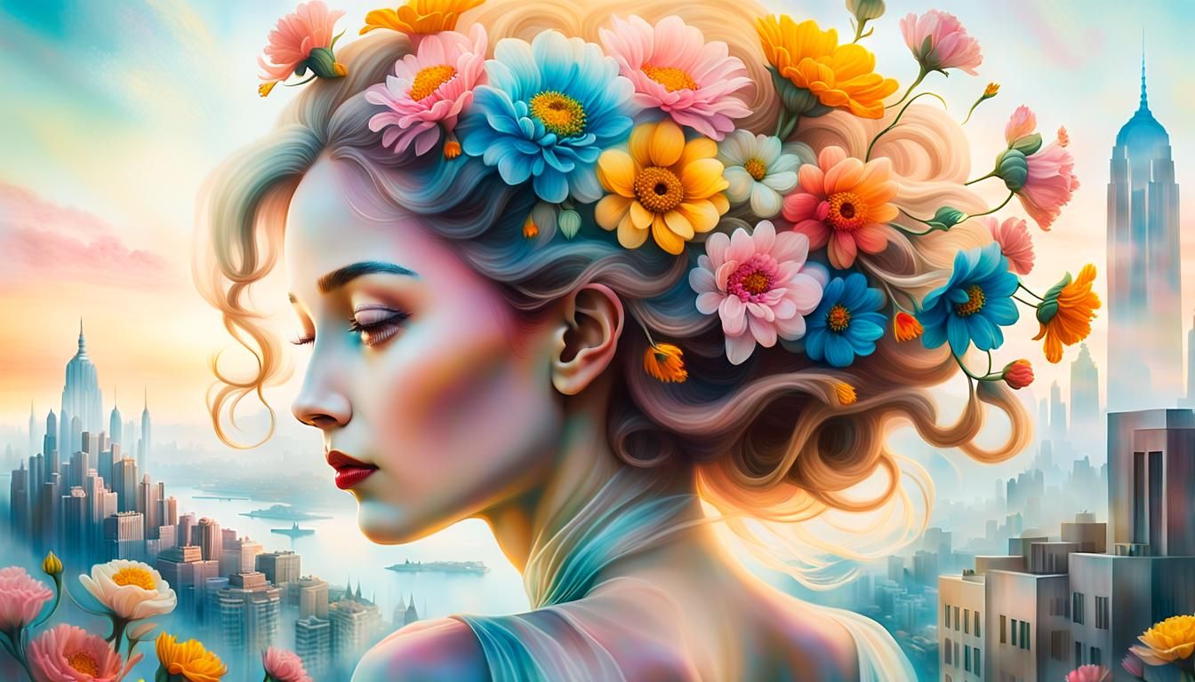 Surreal Portrait of a Woman with Flowers