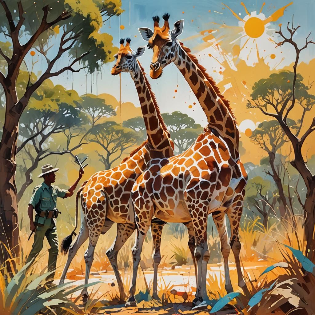 Startled Explorer and Giraffe in Gouache Style