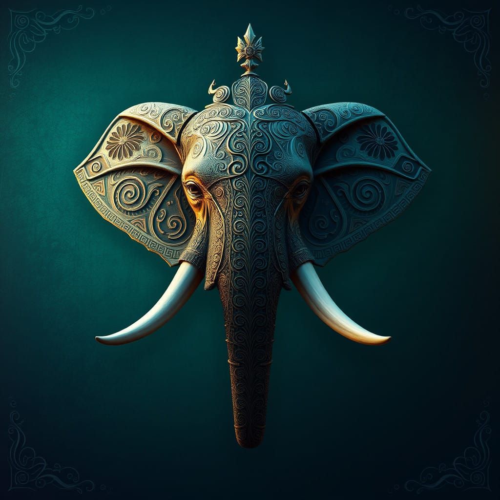 Mystical Elephant Head with Ornate Tusks in High-Fantasy Sty...