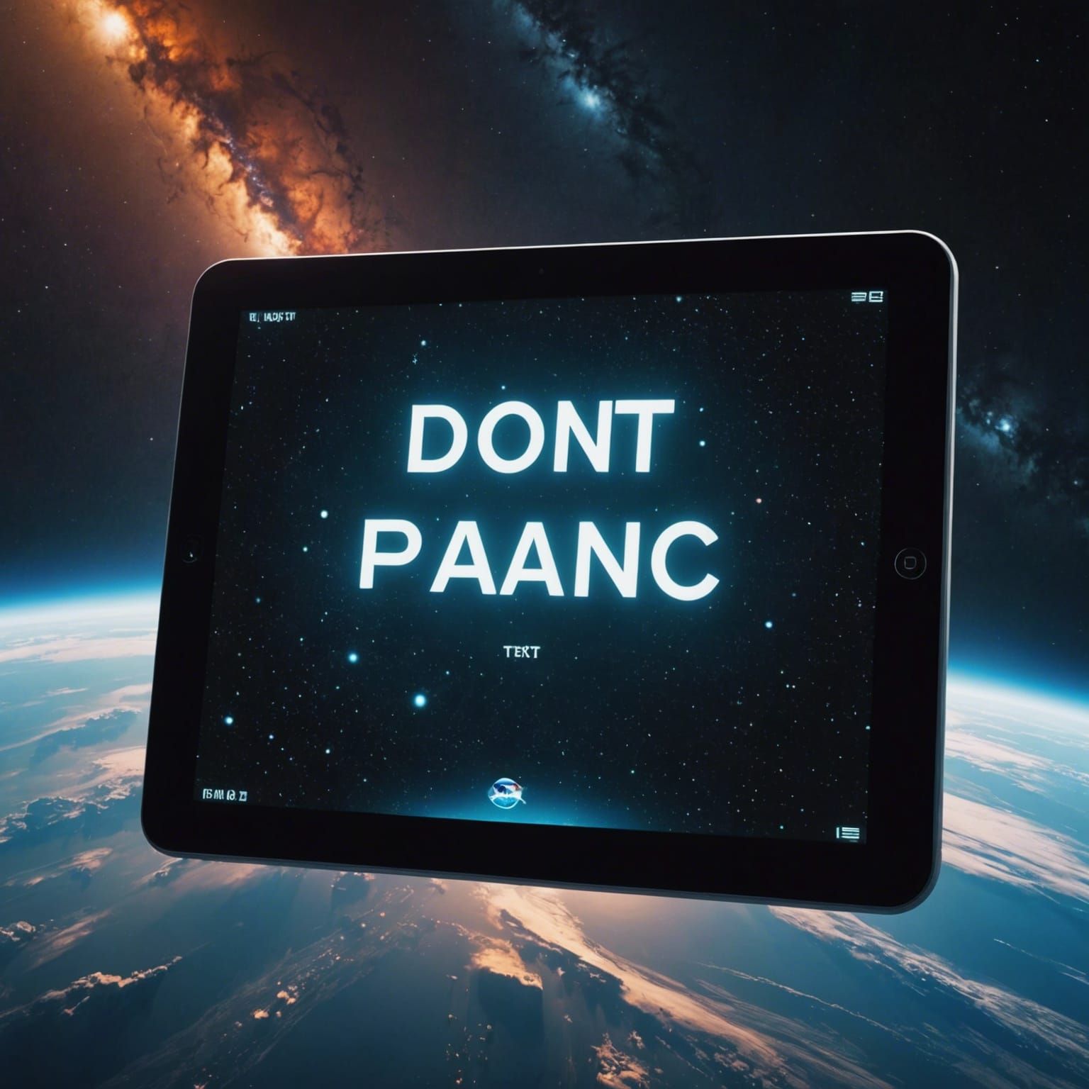 Futuristic Tablet with “DON'T PANIC” in Spacecore Style