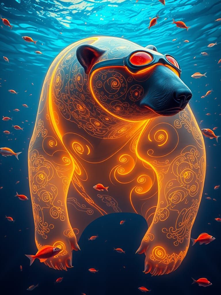 Gilded Polar Bear in Bioluminescent Depths