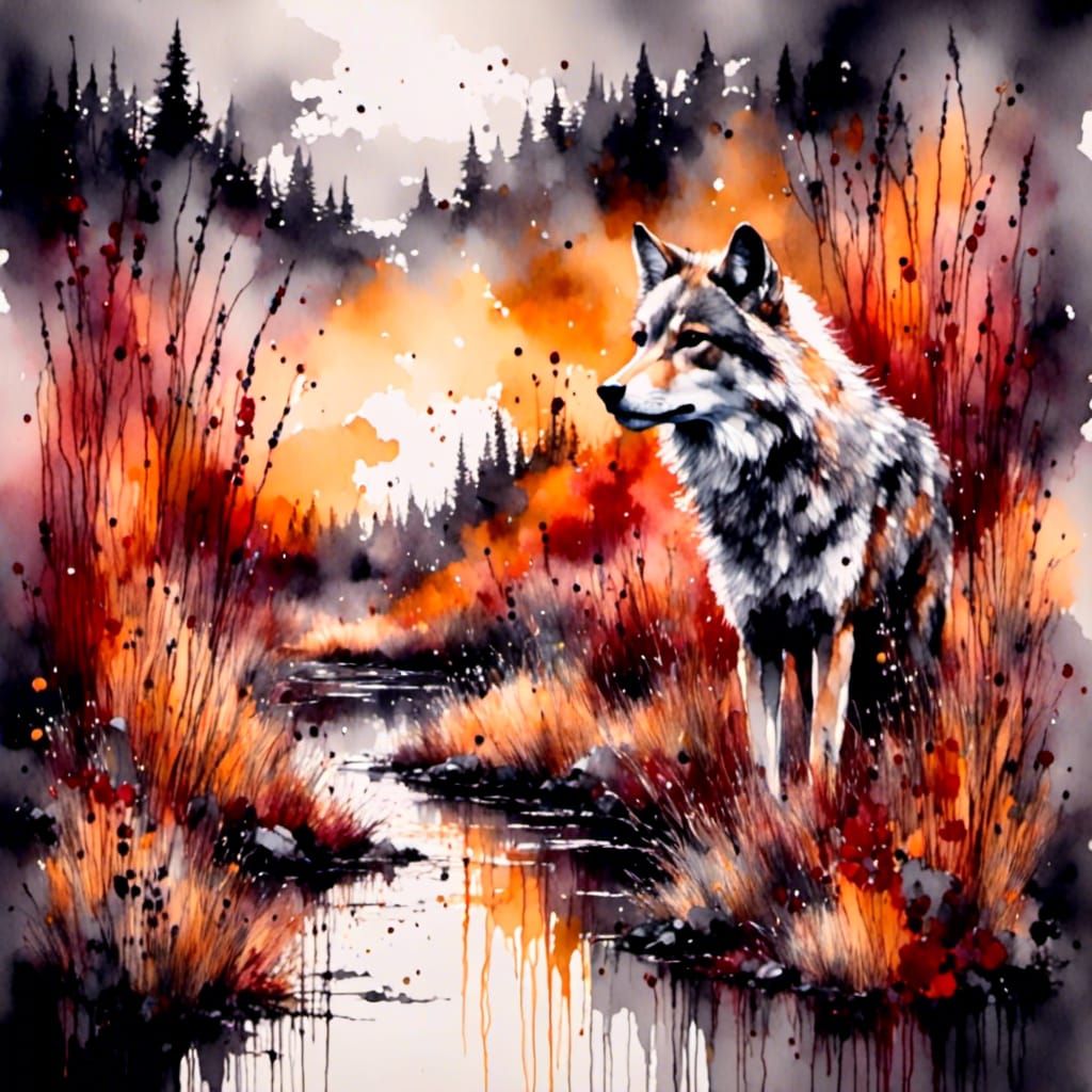 Colorful Wolf in Field with Brook